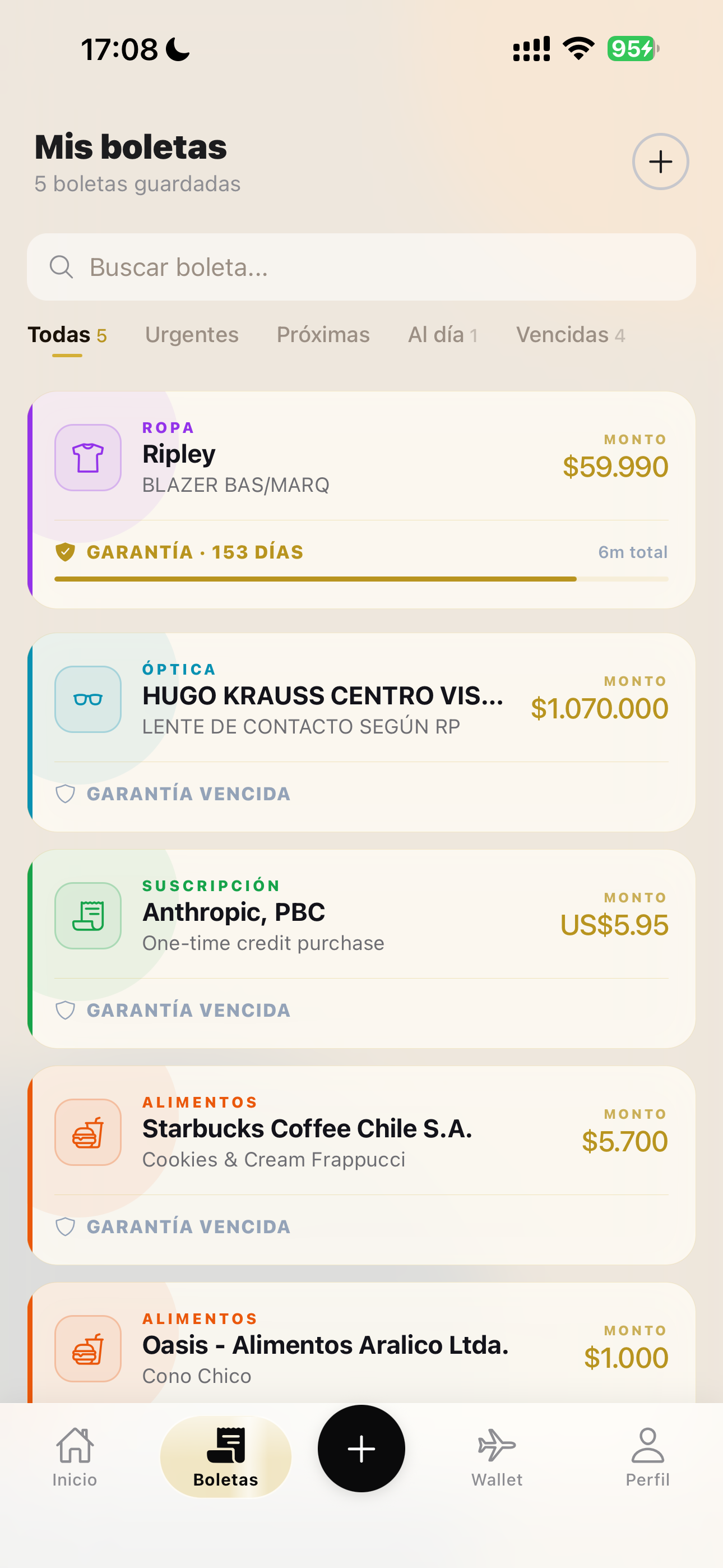 BoletIA mostrando lista de Mis Boletas: 5 boletas guardadas con categorías Ropa, Óptica, Suscripción y Alimentos, indicadores de garantía legal vigente y vencida